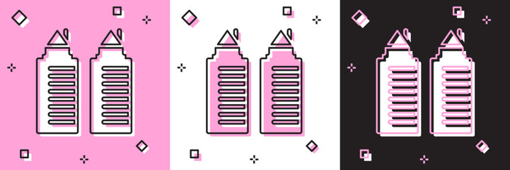 Set Two tall residential towers in the Dnipro city icon isolated on pink and white, black background. Vector