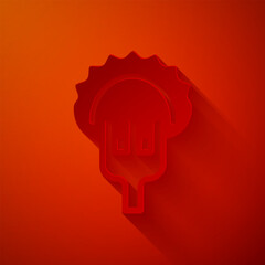 Paper cut Dumplings on fork icon isolated on red background. Pierogi, varenyky, pelmeni, ravioli. Traditional Ukrainian food. Paper art style. Vector
