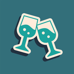 Green Glass of champagne icon isolated on green background. Long shadow style. Vector