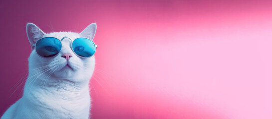 Naklejka premium A cool and stylish white cat with shades on a pastel backdrop, playful and cute, perfect for pet lovers. Generative AI