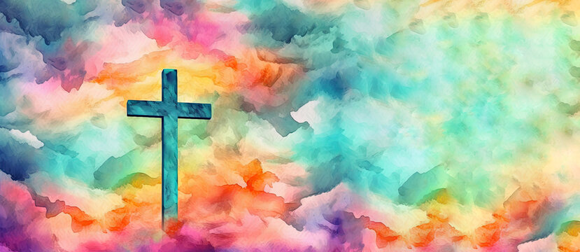 A vibrant watercolor painting of a cross soaring above the clouds in a graffiti-like style. Perfect for religious themes. Generative AI
