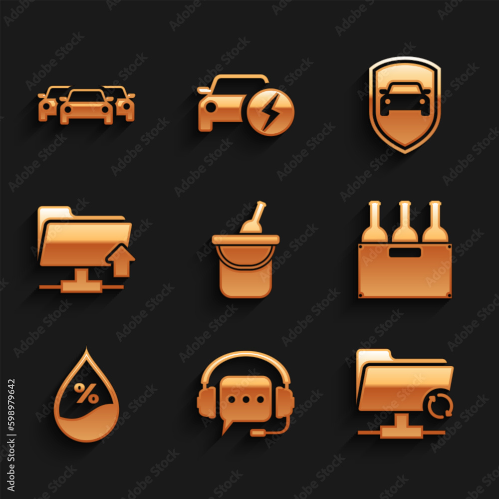 Poster set bottle of wine in bucket, headphones with speech bubble, ftp sync refresh, bottles box, water dr