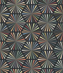 Seamless geometric pattern with multicolored striped hexagons on a black background. Sunburst elements with triangle rays in blue, red, green, and yellow colors. Mosaic style. Vector illustration.