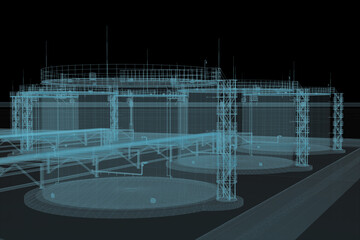 dark background of oil gas methanol refinery wireframe model in 3d
