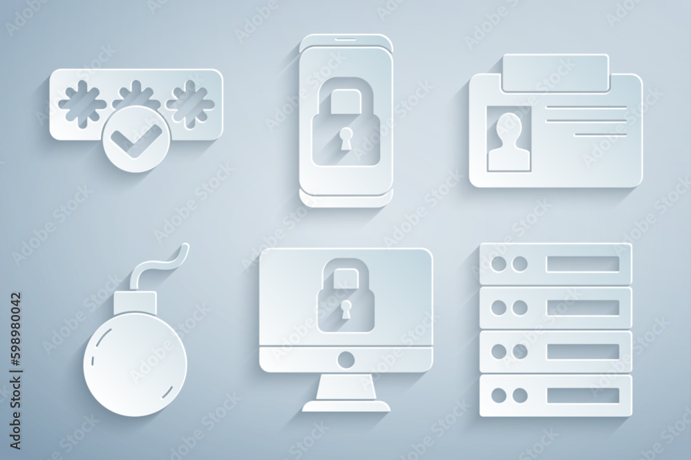 Poster set lock on computer monitor, identification badge, bomb ready explode, server, data, web hosting, m