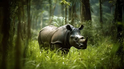 Deurstickers Beautiful One Horned Rhinoceros. Close up photo. Amazing portrait of an awesome rhino. Generative AI © We3 Animal