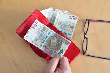 Hands holding wallet with polish currency money. Concept of financial security in old age during retirement
