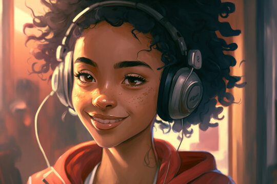 Young cuban teenage girl with headphones. Lofi style. Listening to music, smiling, black curly hair. Generative AI.