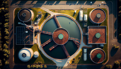 Aerial view of modern industrial sewage treatment plant - obrazy, fototapety, plakaty