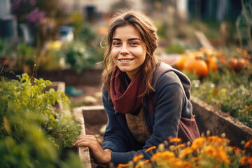 Close up portrait of a young woman in a biodynamic garden. AI generated art