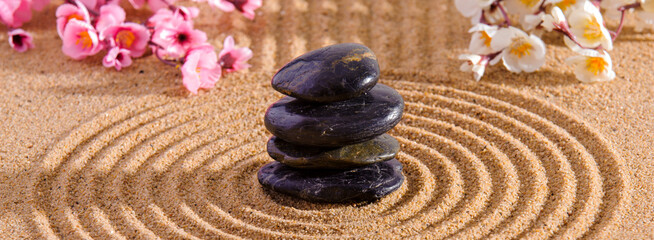 Japanese Zen garden with stone in textured sand