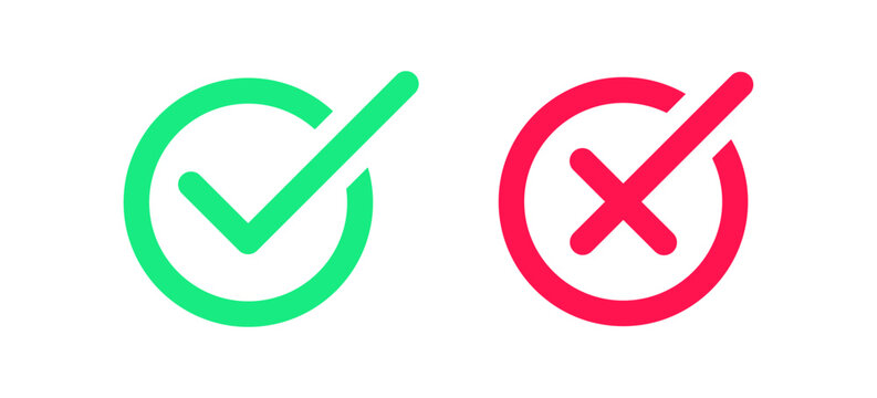 Checkmark and cancel icon. Tick, close symbol. Right, wrong signs. Correct, x symbols. Yes, no icons. Green, red color. Vector sign.