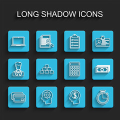 Set line Credit card, Human head with gear inside, Laptop, Business planning mind, Stopwatch, Gold bars, Stacks paper money cash and Calculator icon. Vector