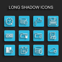Set line Server setting, Calendar, Clock 24 hours, Database protection, Cloud sync refresh, Delete folder, Hard disk drive HDD and icon. Vector