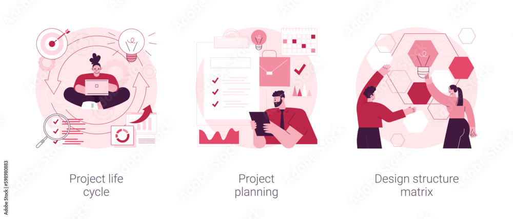 Poster project life cycle abstract concept vector illustration set. project planning, design structure matr