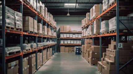 A warehouse with boxes and shelves of inventory. Generative AI 