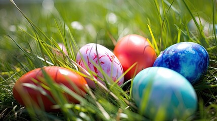 An easter egg hunt with colorfully decorated eggs in the grass. Generative AI 