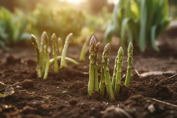 Young green asparagus growing up from the ground in the garden, Generative ai - obrazy, fototapety, plakaty