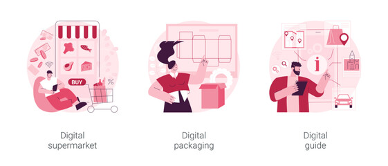 Online services abstract concept vector illustration set. Digital supermarket and packaging, digital guide, AR labels software, online payment, grocery store, mobile guide app abstract metaphor.