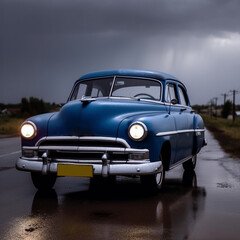Cobalt blue Vintage car on road headlamps open