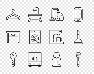 Set line House key, Spatula, Vacuum cleaner, Wardrobe, Hanger wardrobe, Washer, Table lamp and Rubber plunger icon. Vector