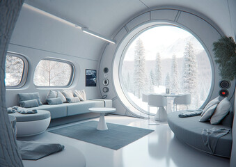 The futuristic modern living room in a sci-fi design. Decorated with stylish appliances and decor appropriate to the age. Very cozy living room equipped with everything that serves home comfort. AI 