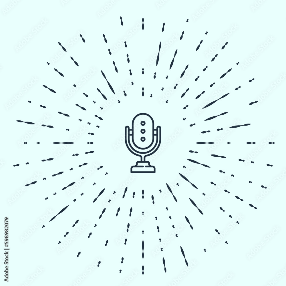 Sticker Black line Microphone icon isolated on grey background. On air radio mic microphone. Speaker sign. Abstract circle random dots. Vector