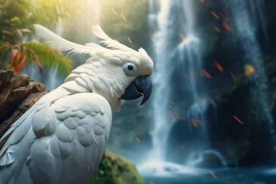 Generative AI illustration of white parrot sitting near picturesque waterfall