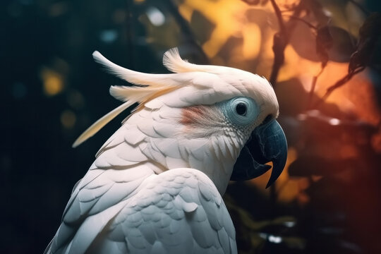 Generative AI illustration of graceful exotic parrot with white plumage and long beak against blurred foliage background in nature