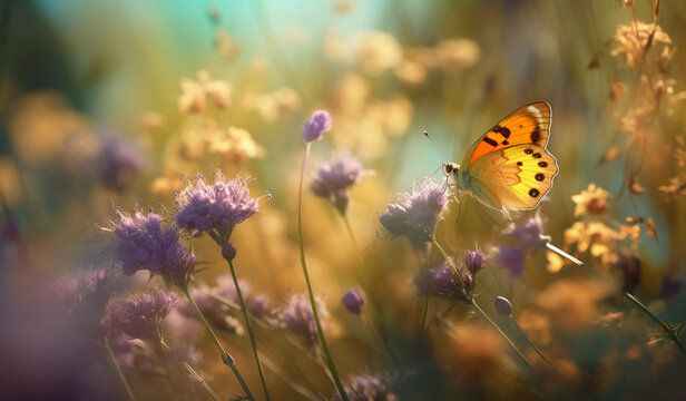 Floral spring natural sun background with fluffy airy lilac flowers on meadow and fluttering butterflies. generative ai. Dreamy gentle air artistic image. Soft focus.