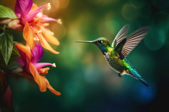 Generative AI illustration of small hummingbird with colorful plumage flying near colorful blooming flowers on blurred background