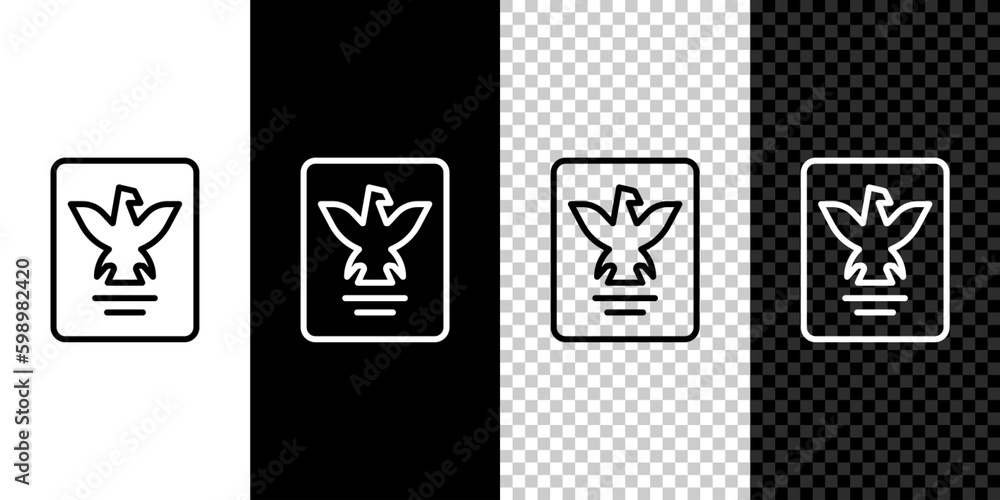 Poster set line passport with biometric data icon isolated on black and white, transparent background. iden