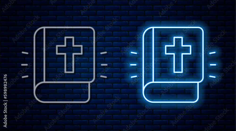 Poster glowing neon line holy bible book icon isolated on brick wall background. vector