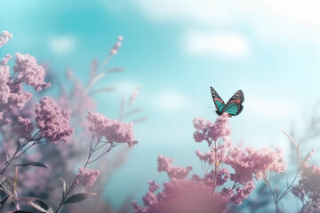 Naklejka na ściany i meble Branches blossoming cherry on background blue sky, fluttering butterflies in spring on nature outdoors. Pink sakura flowers, gamazing colorful dreamy romantic artistic image spring nature, copy space.