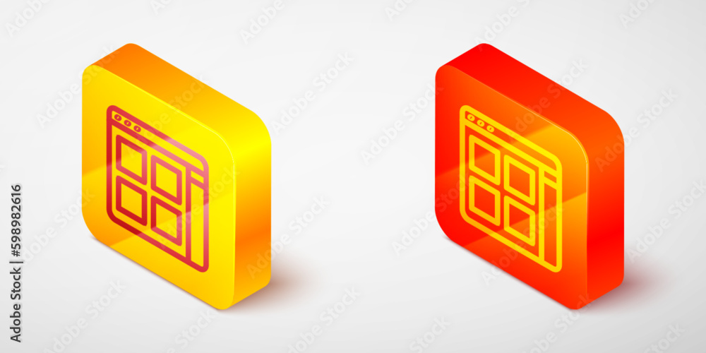 Poster isometric line browser files icon isolated on grey background. yellow and orange square button. vect