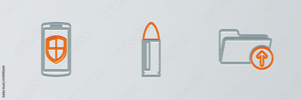 Aufkleber set line upload file, money protection and key icon. vector