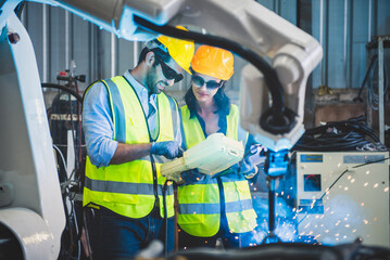 Engineers team mechanic using computer controller Robotic arm for welding steel in steel factory...