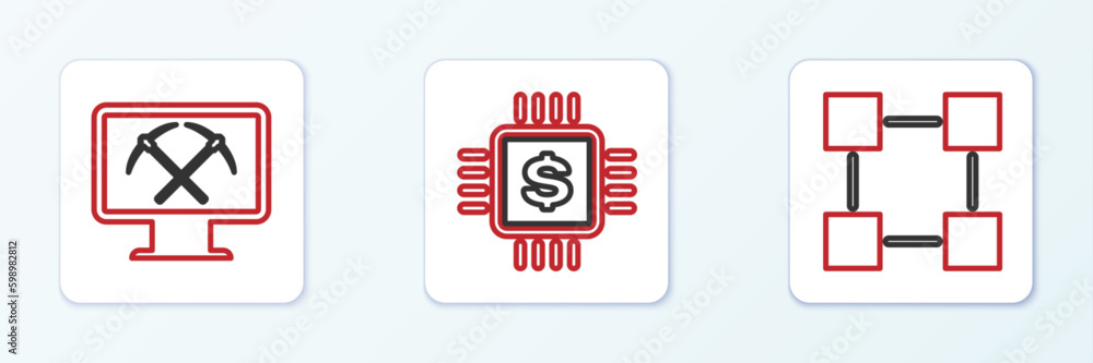 Poster set line blockchain technology, mining with monitor and pickaxe and processor chip dollar icon. vect