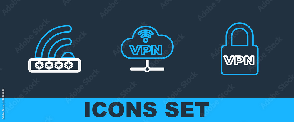 Aufkleber set line lock vpn, wifi locked and network cloud connection icon. vector