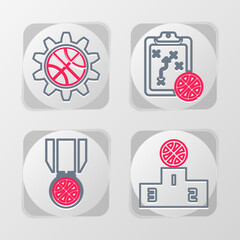 Set line Basketball players, medal, Sports winner podium and award icon. Vector