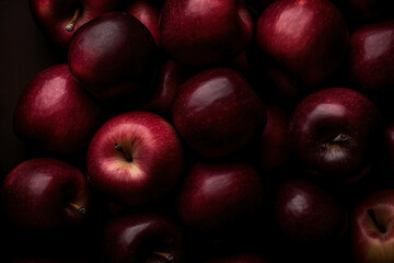 Generative AI image of top view of heap of ripe red colored apples and placed on surface for transportation during harvesting process