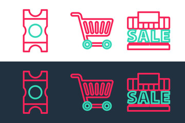 Set line Shopping building and sale, Coupon and cart icon. Vector