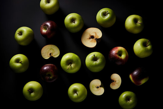 Generative AI image of top view of healthy green and red apples placed in disorder along with sliced halves on black surface