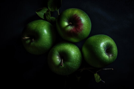 Generative AI image of top view of heap of ripe green apples and placed on surface for transportation during harvesting process