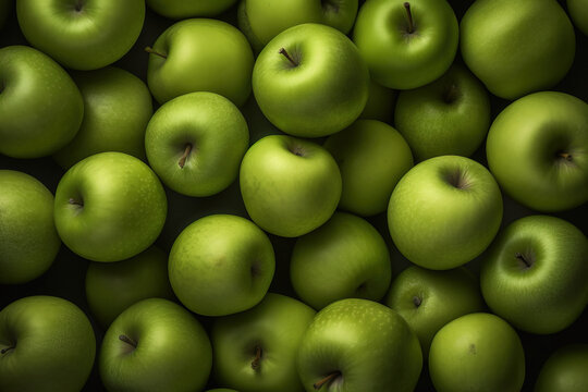 Generative AI image of top view of heap of ripe green apples and placed on surface for transportation during harvesting process