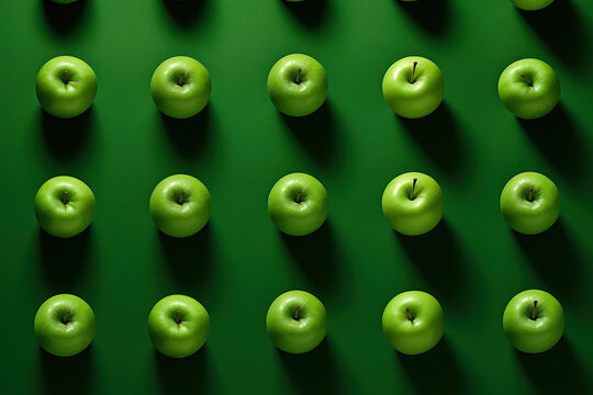Generative AI image of from above composition of green apples with shadows arranged in pattern in light on green background