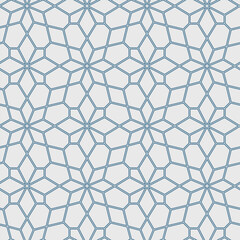 Fototapeta premium Seamless abstract floral pattern with a lattice of blue thin lines on a white background. Geometric star elements. Graphic textile texture. Vector illustration. 