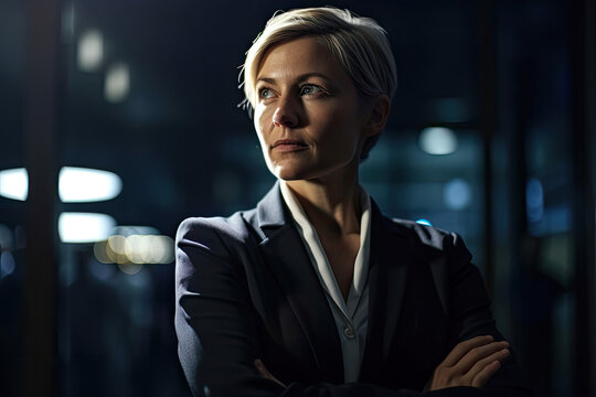 Generative AI illustration of confident adult female entrepreneur in elegant suit looking away while standing with folded arms against glass window in dark office room