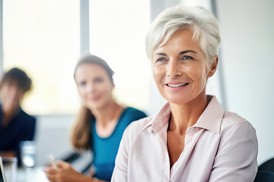 Generative AI illustration of positive mature businesswoman in shirt with short blond hair smiling and looking away while sitting at table during business meeting with colleagues in conference room