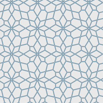 Seamless Abstract Floral Pattern With A Lattice Of Blue Thin Lines On A White Background. Geometric Star Elements. Graphic Textile Texture. Vector Illustration. 